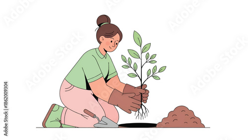 Young woman kneeling in gloves planting a leafy sapling into soil beside a mound of dirt and smiling