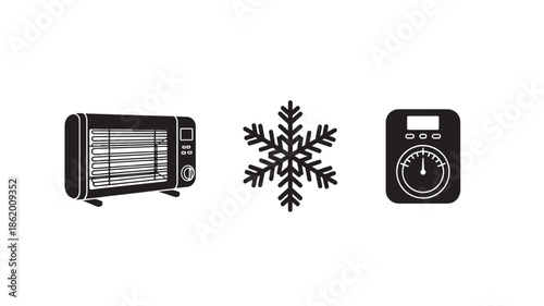 Toaster oven, snowflake, and vintage kitchen scale in minimalist black and white illustration for cooking blog