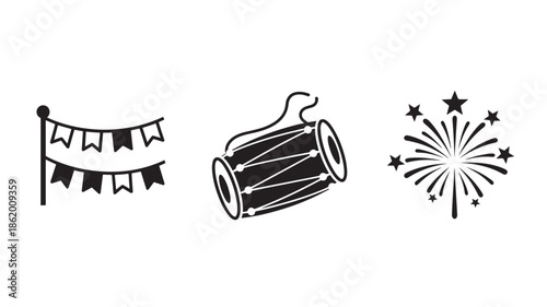 Party icons in simple line art style with black and white color scheme on plain white background for celebration design