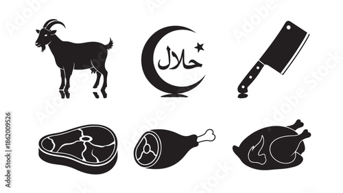 Halal Meat Icons in Simple Flat Design with Black Silhouettes and White Accents for Islamic Cultural Illustrations