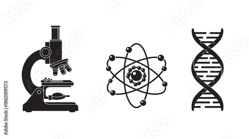 Microscope, Atom, and DNA Icons in Simple Line Art Style with Black Color on White Background for Scientific Illustration