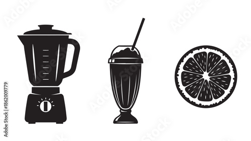 Blender, Smoothie Glass, and Orange Slice Silhouettes in Modern Minimalist Style with High Contrast Lighting on White Background for Health and Wellness Branding