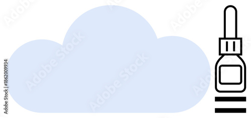 Blue cloud and vertical eye dropper bottle. Ideal for cloud storage, data, healthcare, medicine, innovation, hydration, digital growth. Simple flat metaphor