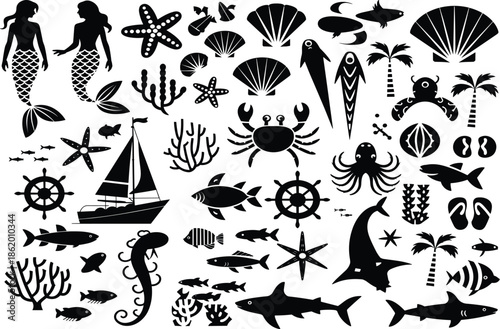 Ocean silhouette collection, black vector, sea creatures, tropical elements, marine life, nautical icons, fantasy theme, illustration, graphic, nature