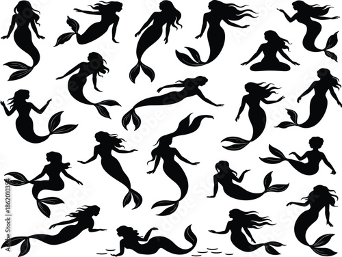 Mermaid silhouette, black vector, sea creature, flowing hair, swimming pose, fantasy icon, underwater theme, ocean illustration, graphic, mythical designMermaid silhouette, black vector, sea creature