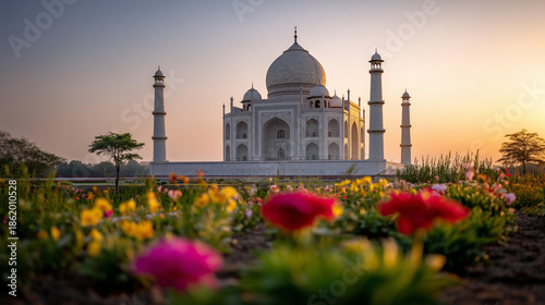timeless, cinematic landscape photograph of the Taj Mahal in Agra, Uttar Pradesh, India, captured during warm sunset light. The composition is perfectly symmetrical and frontal, wi