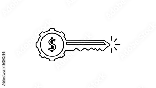 A hand-drawn EPS line art vector illustration of a key with a dollar sign and gear, symbolizing financial success and opportunity.