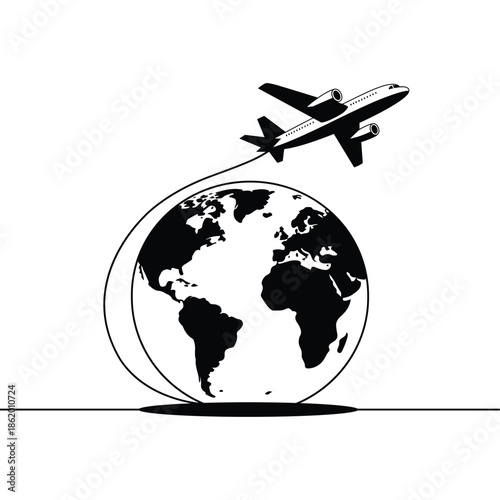 Airplane flying around the world globe