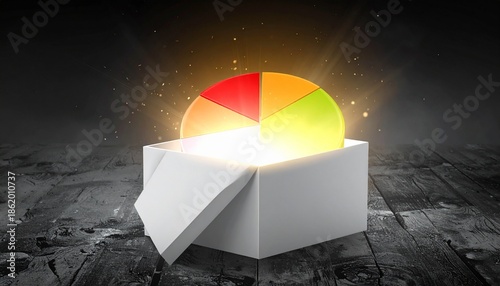 Pie Chart Revelation: A pie chart emits a radiant glow from a partially open box, symbolizing innovative data insights and the unveiling of market trends.