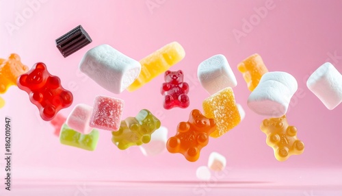 Assorted Colorful Candies and Marshmallows Floating on Pink Background