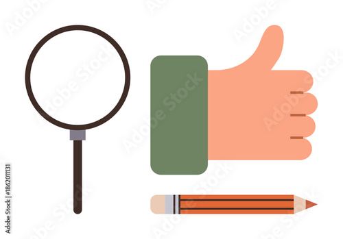 Thumbs up gesture, magnifying glass, and pencil symbolizing approval, analysis, and creativity. Ideal for education, research, decision making, reviews creative process quality check teamwork