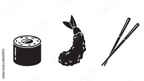 Sushi with Chopsticks and Soy Sauce in Simple Line Art with Black and White Color on Plain White Background for Japanese Cuisine Illustration