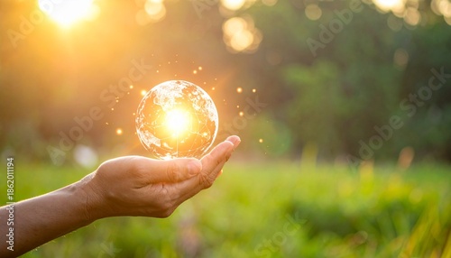 Embracing the World's Brilliance: A hand tenderly cradles a glowing miniature globe, as sunlight radiates, symbolizing harmony, hope, and stewardship for the planet.
