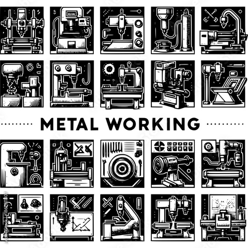 Metal Working Machinery: Detailed illustration showcases a collection of metal working machines, tools, and industrial equipment.