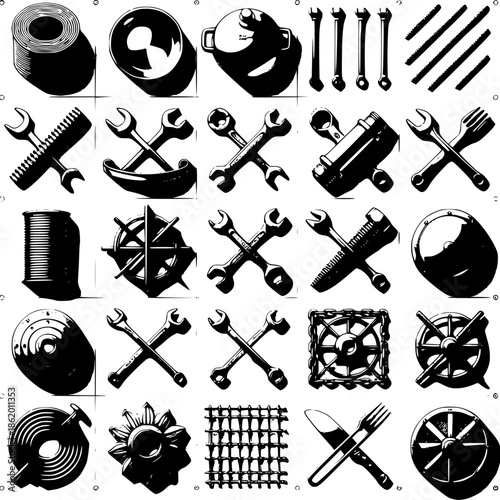 Engineering Assemblage: A dynamic composition of various engineering tools and equipment arranged in a high-contrast display.