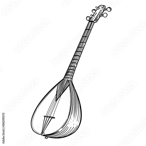 Hand Drawn Saz Baglama Turkish String Instrument Line Art