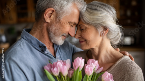 A tender, intimate lifestyle portrait of an elderly couple in love sharing a quiet Valentineâs Day moment at home. The composition is horizontal and close-up, framed from the chest