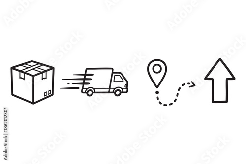 Minimal delivery and logistics icon set showing a shipping box, fast delivery truck, location pin with route, and up arrow for shipment direction.