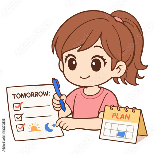 Girl Writing Daily Plan on Planner Notebook