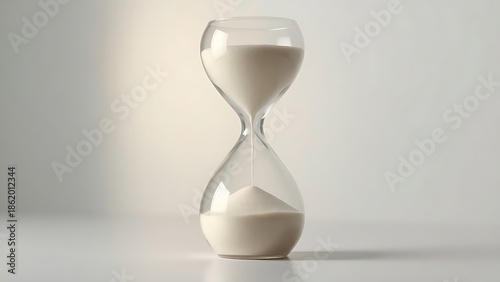 villainy. Hourglass with sand remaining in top chamber, minimalist composition and soft lighting. wellbeing guides, coaching materials, designed for coaching and self-improvement content.