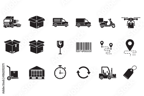 Modern black logistics and delivery icon set featuring trucks, courier scooter, drone delivery, packages, barcode, tracking routes, warehouse, forklift, fragile symbol, and supply chain elements.