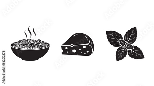Italian Cuisine Icons in Simple Flat Design with Black and White Color Scheme on White Background for Menu Illustration