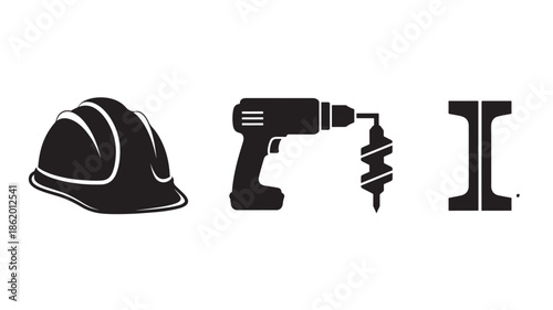 Construction Safety Icons Set in Simple Flat Design with Black Color on White Background for Industrial Use