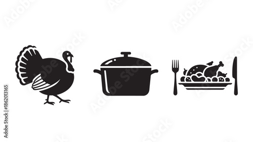 Thanksgiving dinner elements in minimalist black silhouettes on white background for holiday menu design