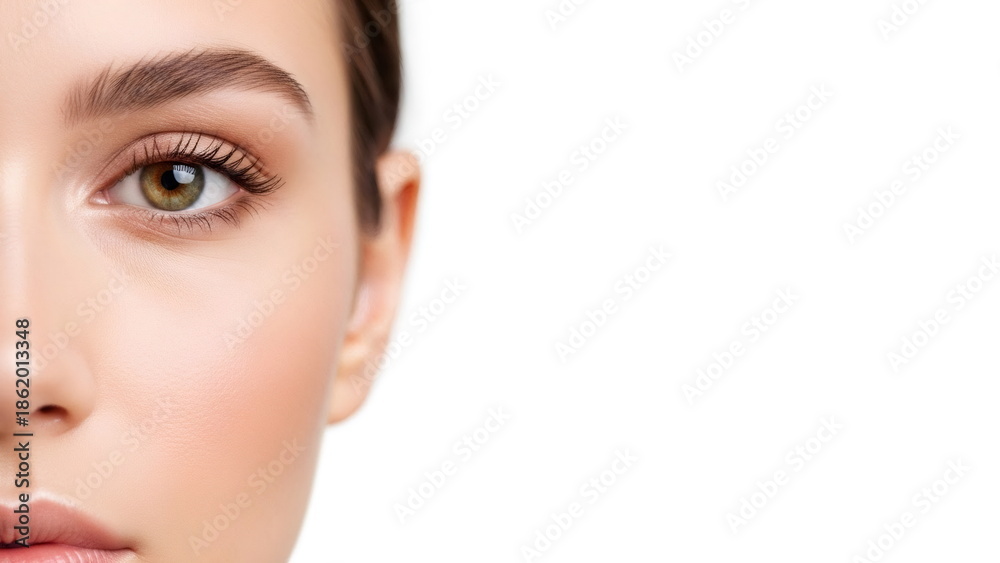 Fototapeta premium Half face of a woman with natural makeup and glowing skin, showcasing fresh and youthful beauty for skincare product advertisement