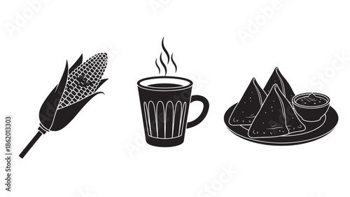 Traditional Mexican breakfast with grilled corn, hot coffee, and tamales in black and white illustration for cultural heritage