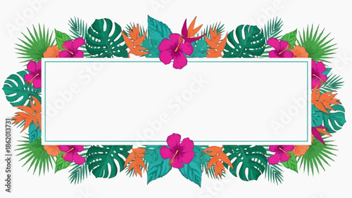 Vibrant tropical leaf and flower frame for summer designs