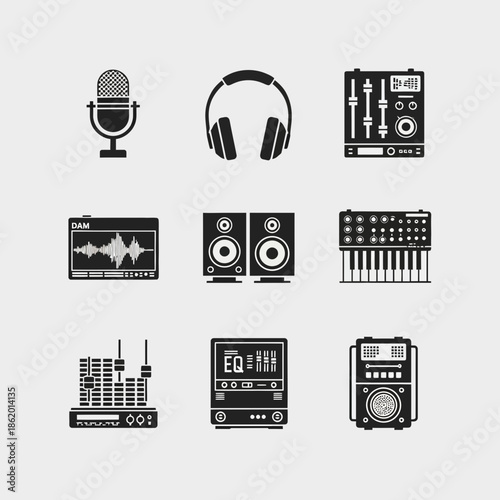 Black icons of professional audio equipment and music technology tools
