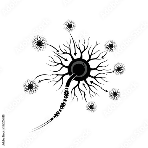 Detailed illustration of a neuron with dendrites and axon terminals