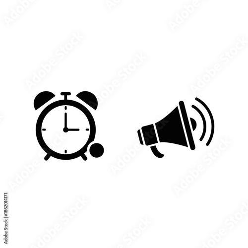 Alarm clock and megaphone icons for time management and announcement