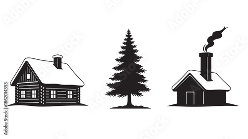 Log cabin and pine tree silhouettes in monochrome minimalist style with smoke rising from chimney for outdoor adventure branding