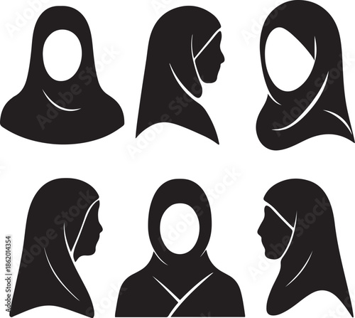 Collection of diverse hijab and headscarf silhouettes in various styles and angles