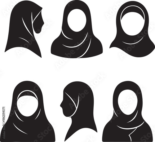 Collection of diverse hijab and headscarf silhouettes showcasing various styles and angles