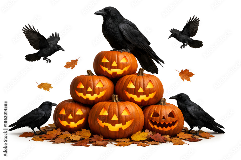 Fototapeta premium Spooky halloween jack o lanterns with black crows and autumn leaves on white background