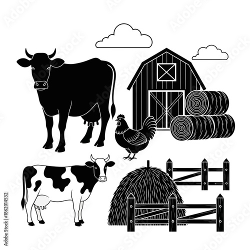 Farm scene with cows, barn, and haystack