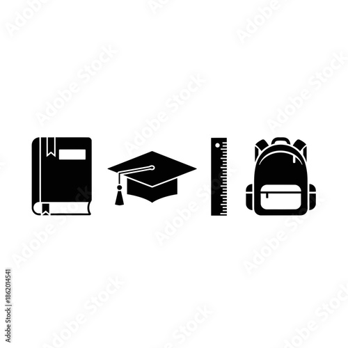 Education icons including book, graduation cap, ruler, and backpack