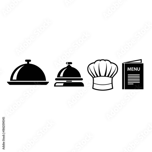 Restaurant icons including covered dishes, chef hat, and menu board