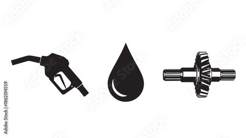 Fuel Pump Nozzle, Oil Drop, Gear in Simple Flat Design with Monochromatic Color Scheme on White Background for Energy Industry