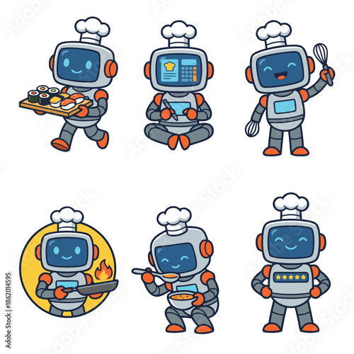 Cute chef robot mascot character set cooking serving and preparing food.