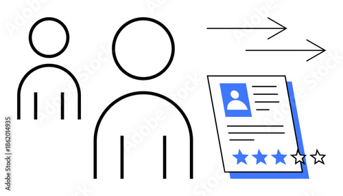 Two user icons with arrows indicating data exchange next to a profile page displaying a photo, text and a star rating system. Ideal for performance evaluation, feedback management, user interaction
