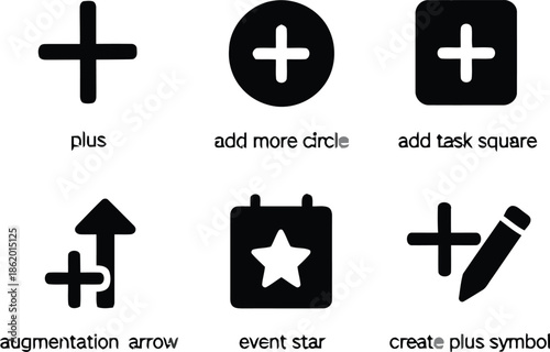 Collection of Plus Symbols Representing Addition Augmentation and Creation in Various Shapes and Styles on Transparent Background Exactly Two Hundred Characters