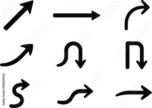 Collection of various black vector arrows in different directions and styles on transparent background, ideal for navigation, indications, flowcharts, or user interface designs