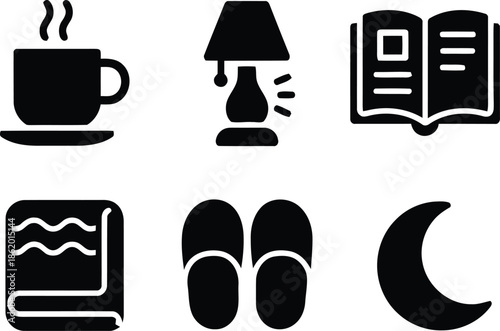Collection of Sleep Time Icons with Cup Lamp Book Towel Slippers and Moon Illustrations Isolated on Checkered Background Two Rows and Six Objects 200 Characters