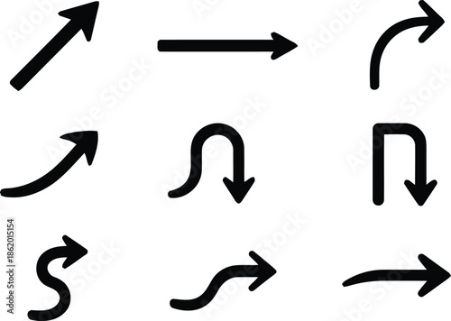 Collection of various black vector arrows in different directions and styles on transparent background, ideal for navigation, indications, flowcharts, or user interface designs