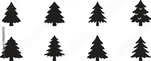 Coniferous Tree Icons Set in Black Silhouette Style Featuring Pine Fir and Spruce on Transparent Backdrop Ideal for Nature and Forestry Theme