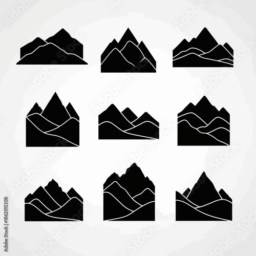 Collection of nine minimalist black and white abstract mountain range silhouettes with stylized white contour lines representing peaks and valleys on a textured light